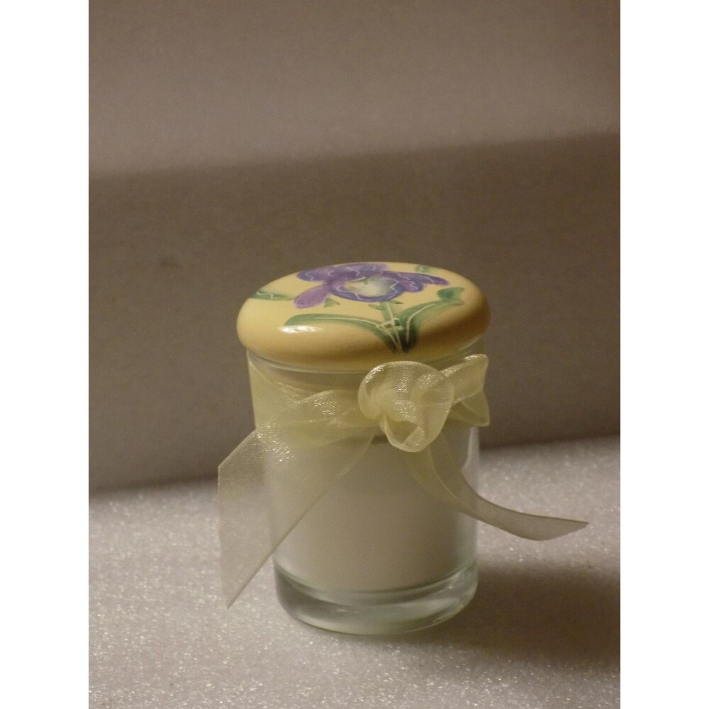 Glass Unscented Candle Ceramic Porcelain Purple Iris Flower Painted Top 6.2 Oz